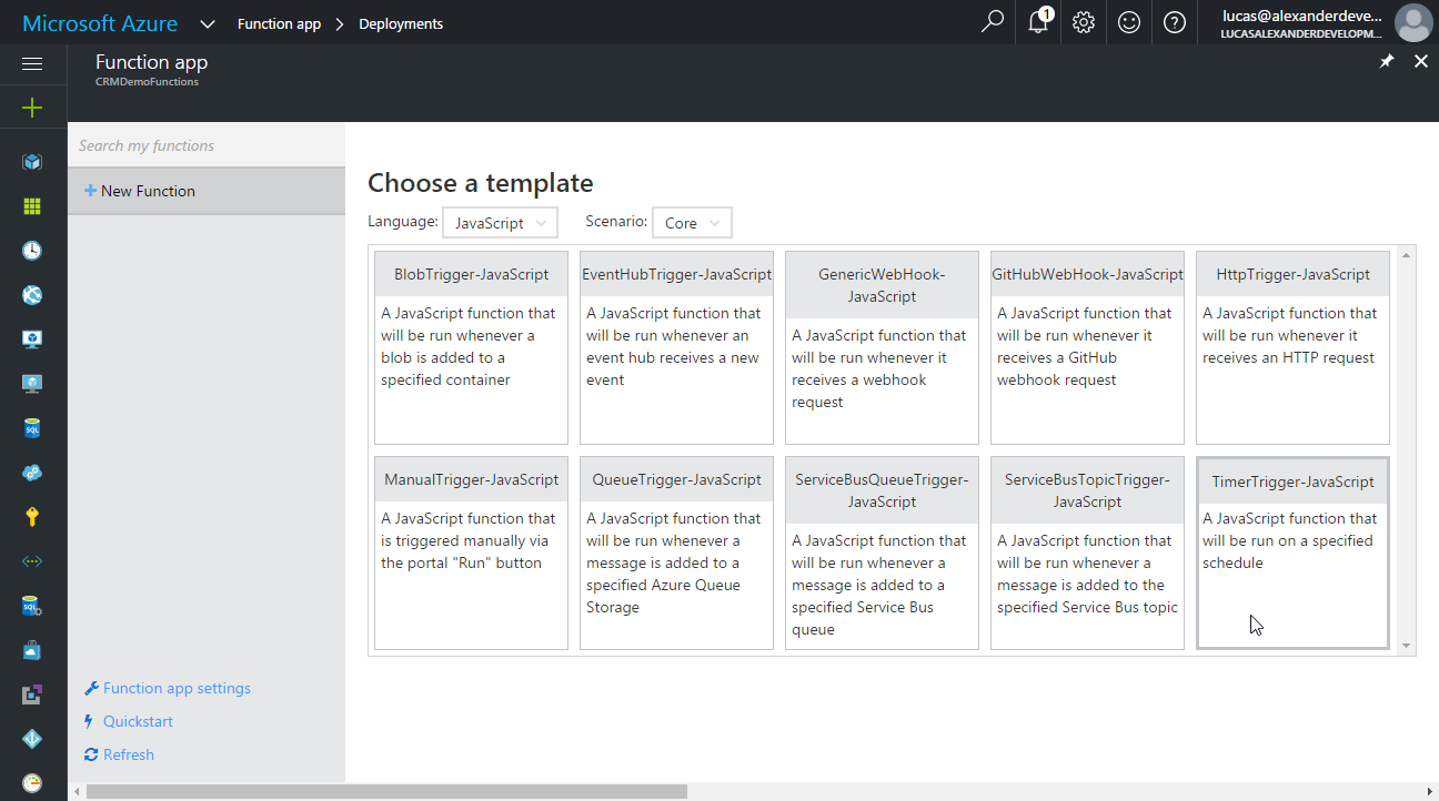 Select JavaScript timer trigger template