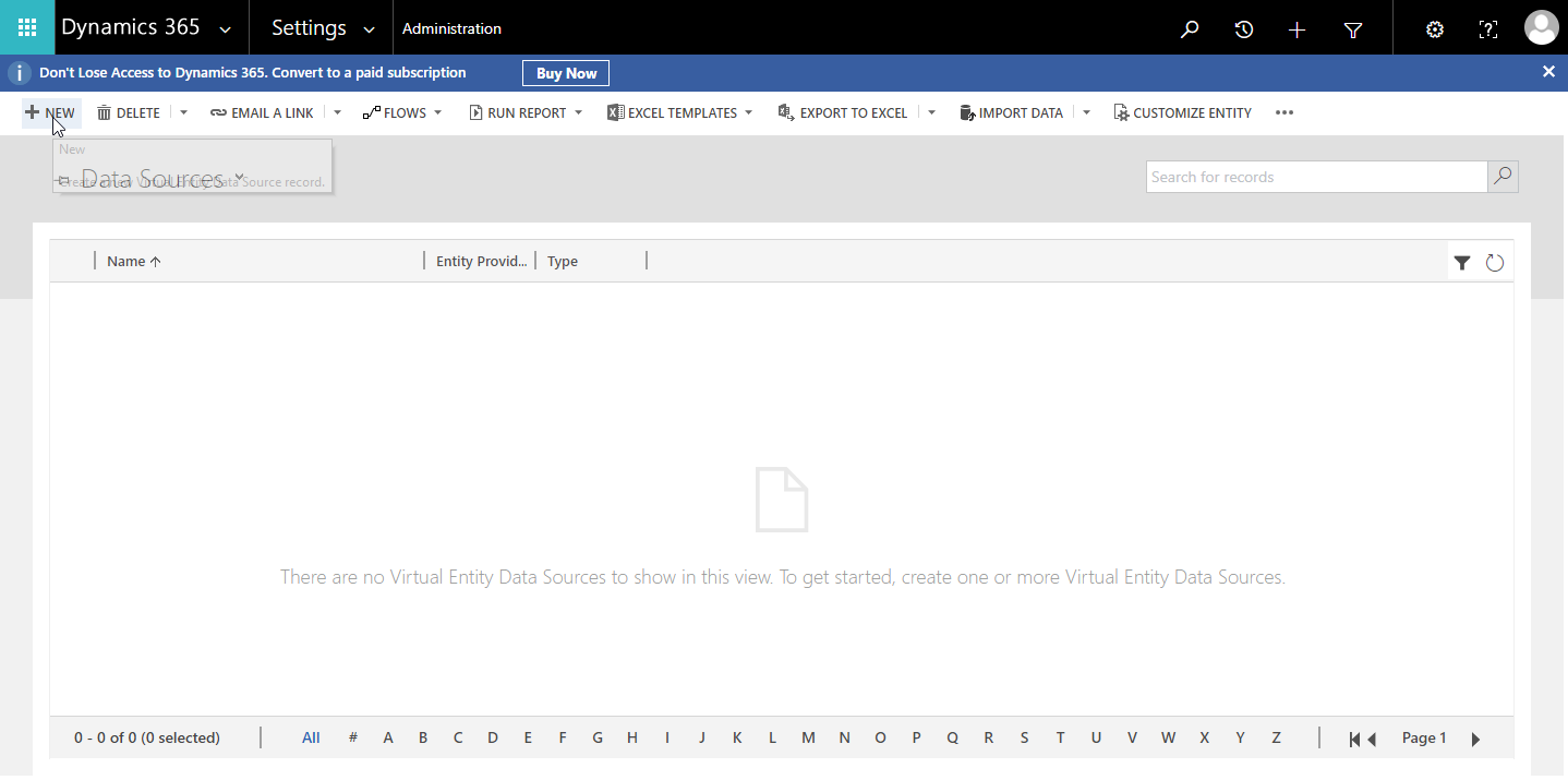 Virtual entity data sources view