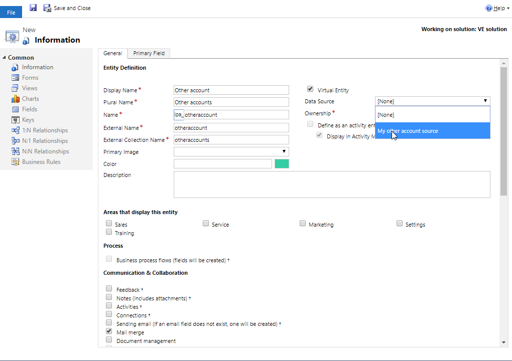 Configuring the virtual entity